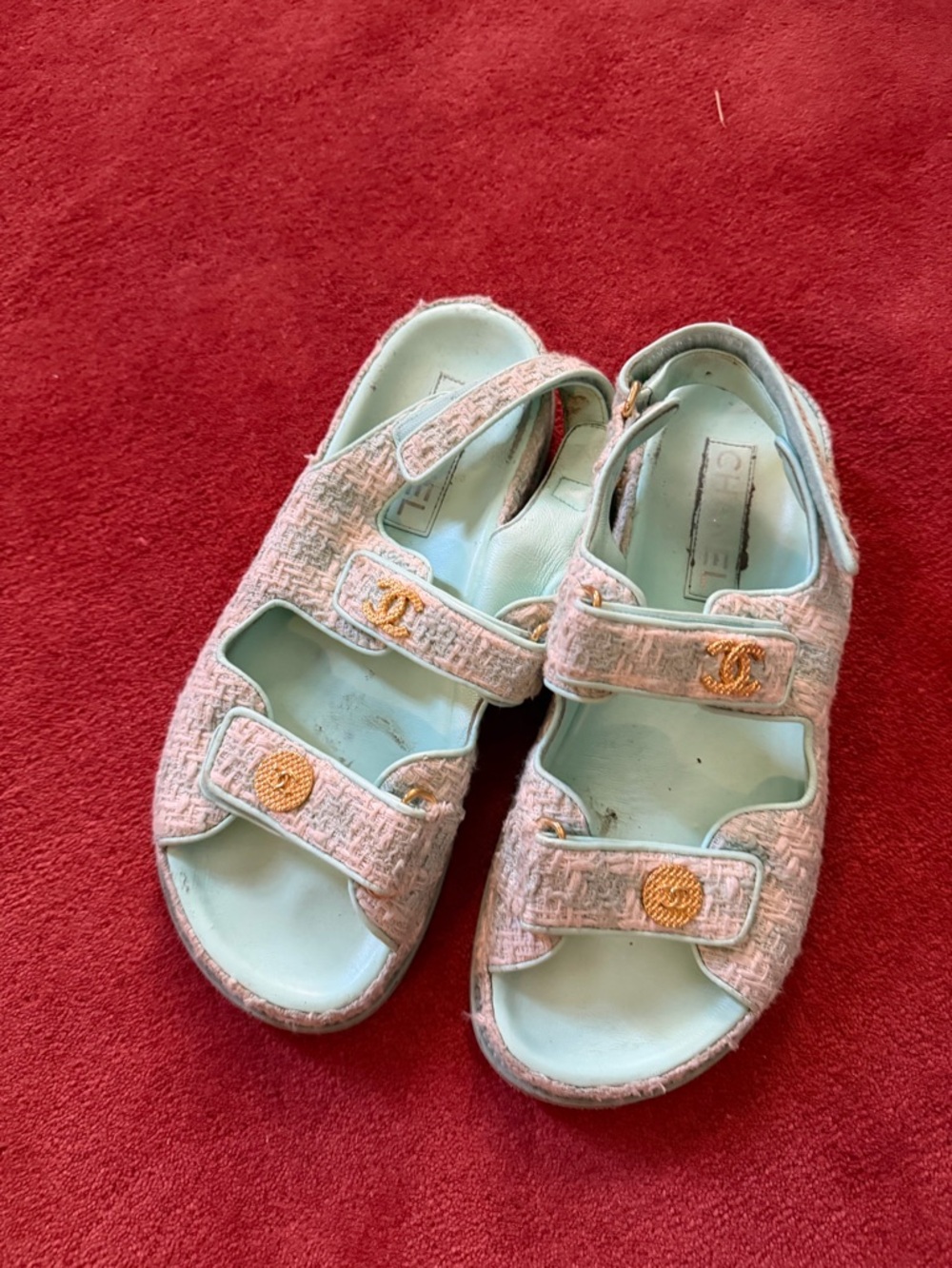 CHANEL Pink Tweed Kids Sandals with Gold CC Buttons